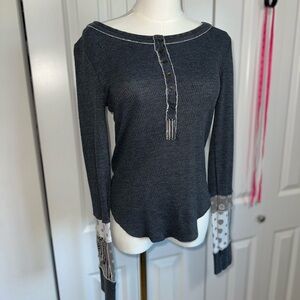 Free People Gray Long-Sleeve Henley Top with Contrast Cuffs